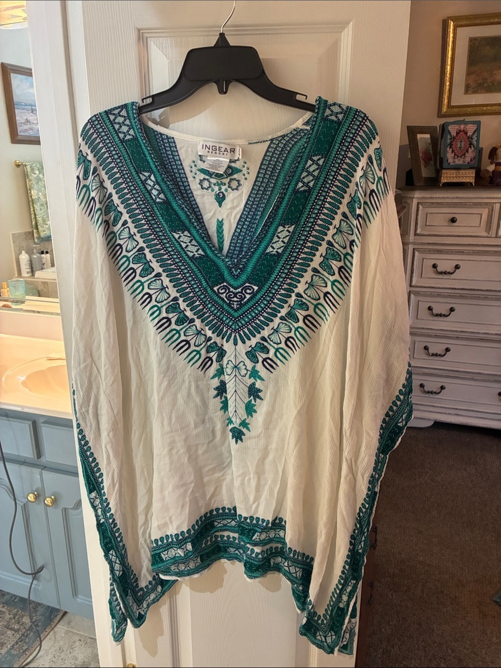 Ingear Resort Women's White Tunic Top Caftan with Teal Embroidery One Size